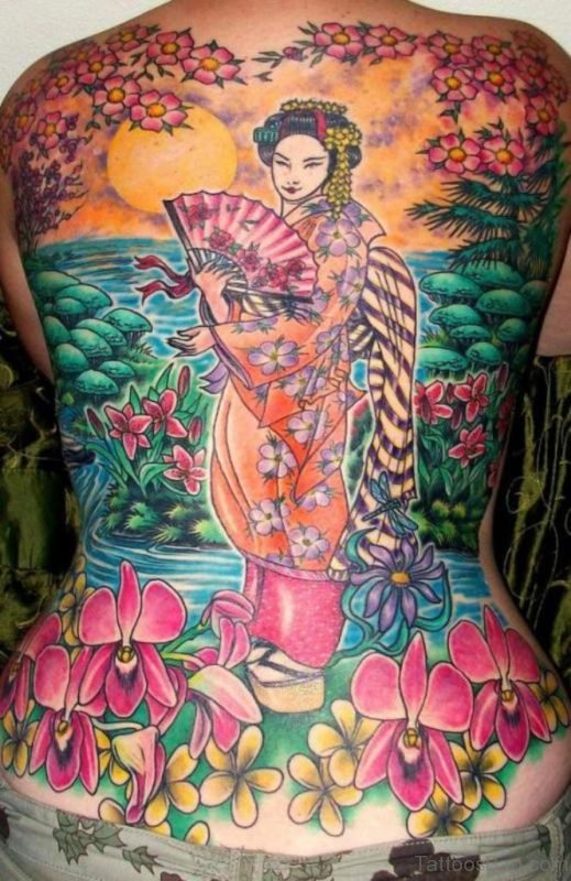 Excellent Geisha Tattoo On Back