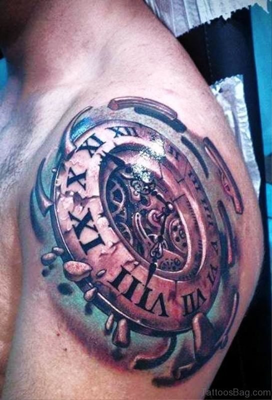 Fabulous Clock Shoulder Tattoo
