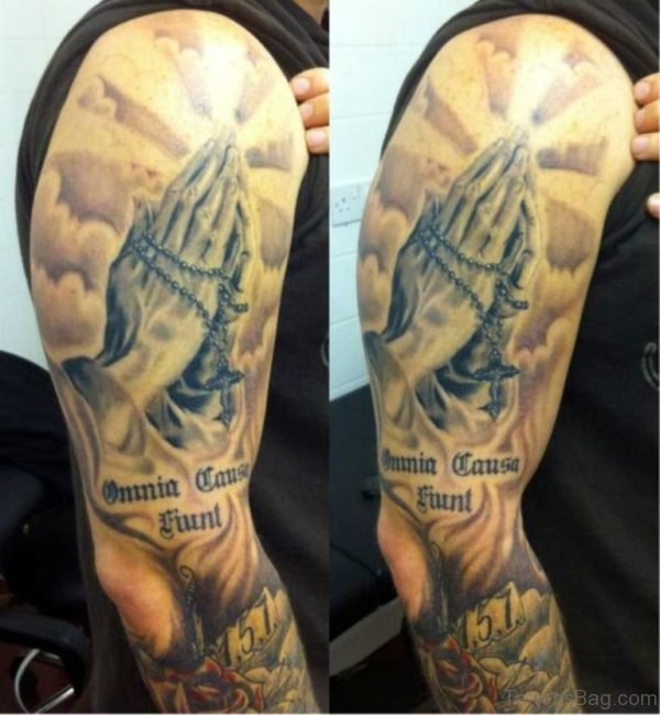 Fabulous Praying Hands Tattoo On Shoulder