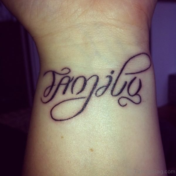 Family Black Ink Ambigram Tattoo On Wrist bigram Tattoo On Wrist 1