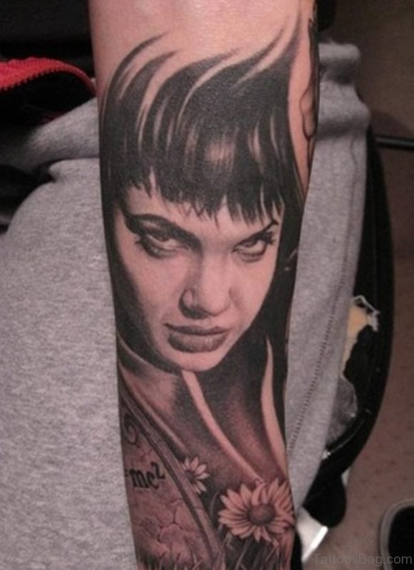 Fantastic Grey Ink Portrait Tattoo
