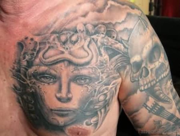 Fantastic Medusa Tattoo On Mens Chest