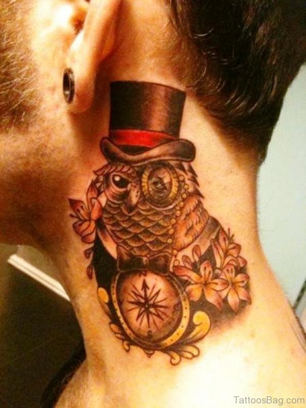 Fantastic Owl Design Tattoo On Neck
