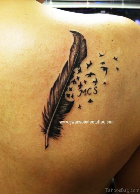 Feather And Birds Shoulder Tattoo