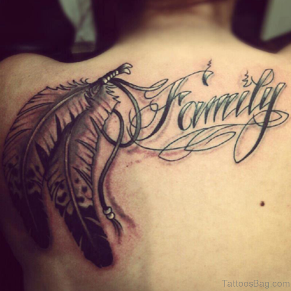 Feather And Family Tattoo On Back 