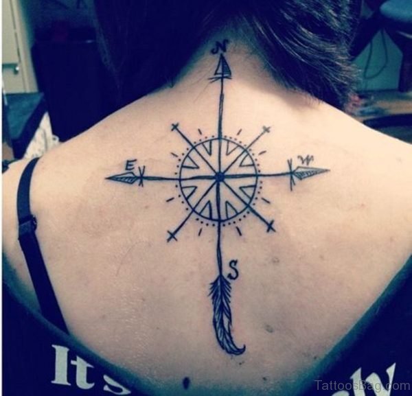 Feather Arrow Compass Tattoo On Girl Upper Back