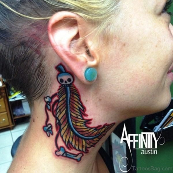 Feather Skull Tattoo On Neck