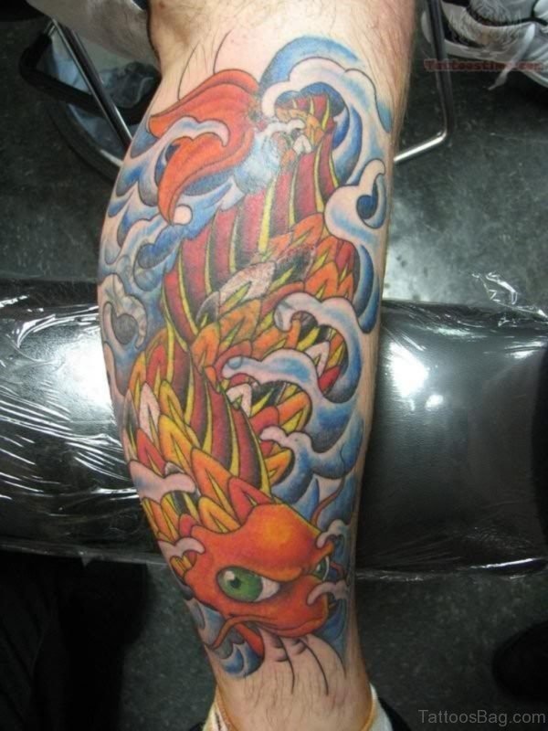 Fine Asian Koi Fish Tattoo Design On Leg