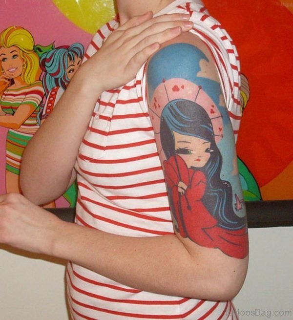 Fine Girl Portrait Tattoo On Half Sleeve