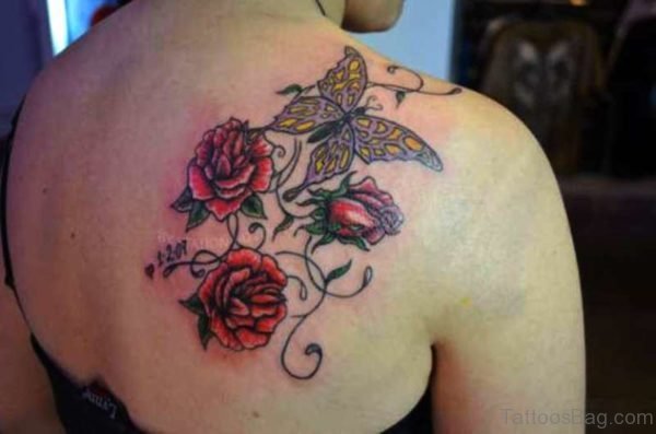 Flower And Butterfly Tattoo On Shoulder Back