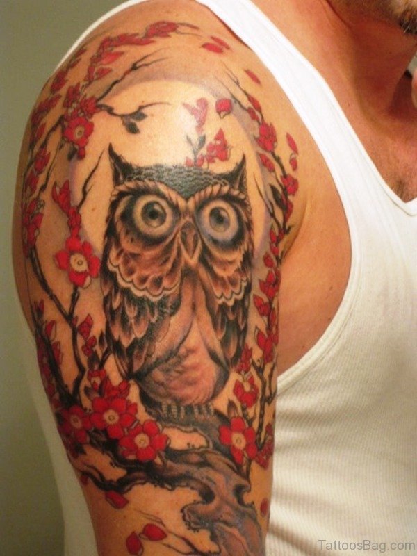 Flower And Owl Tattoo On Shoulder