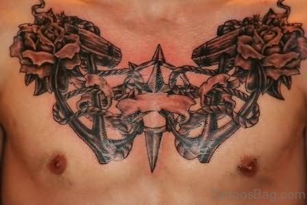 Flowers And Great Looking Anchor Tattoo On Chest