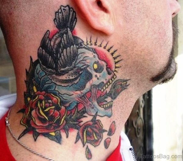 Flying Bird And Skull Tattoo On Neck