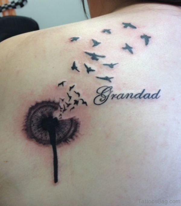 Flying Birds And Grandad Tattoo On Back