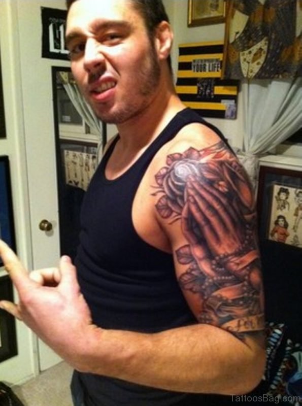 Funky Praying Hands Tattoo On Shoulder