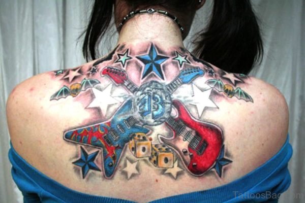 Funky Two Guitars Tattoo On Back