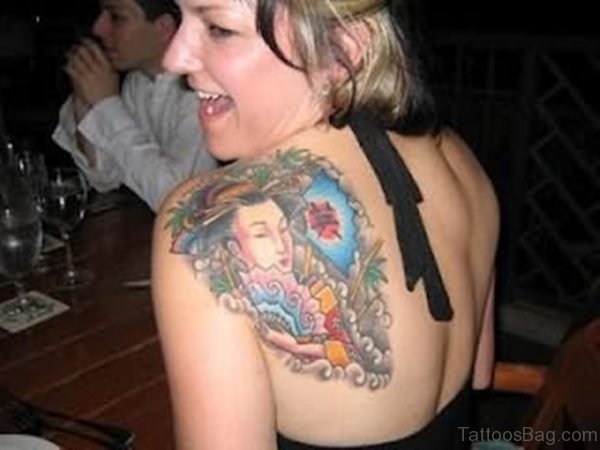 Geisha Beautiful Tattoo On Back Shoulder