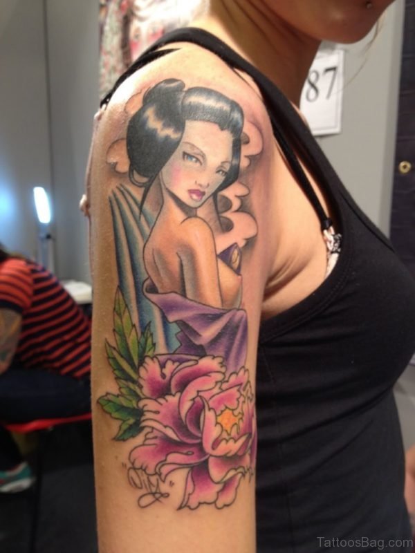 Geisha Samurai Tattoo On Shoulder