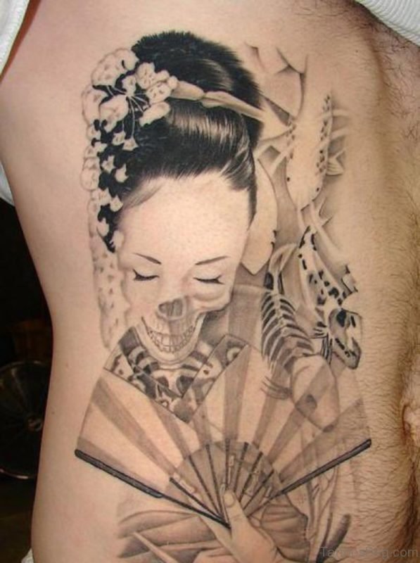 Geisha Skull Tattoo On Rib Side
