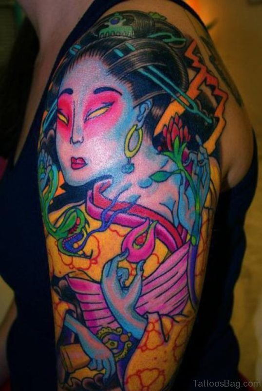 Geisha Tattoo For Girls On Left Shoulder