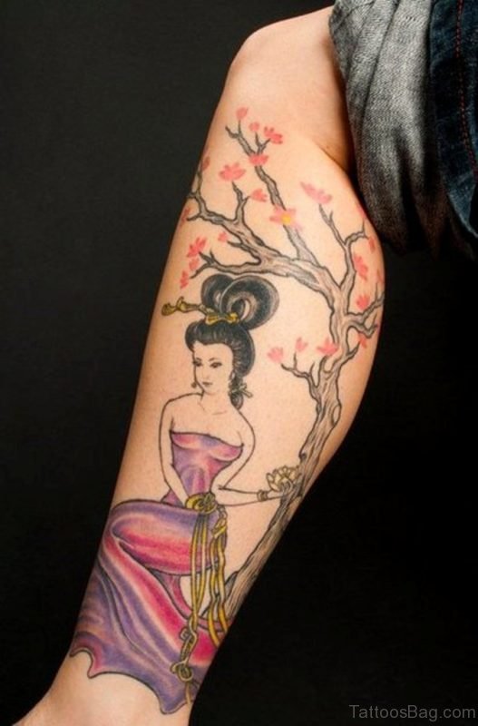 Geisha n Cherry Blossoms Tattoo On Leg
