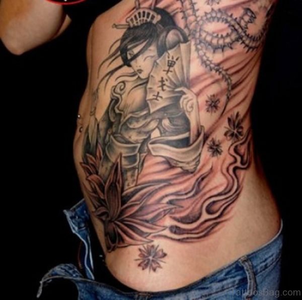 Geisha n Dragon Tattoo On Rib
