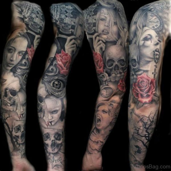 Girl Face And Full Sleeve Skull And Buddha Tattoo Design