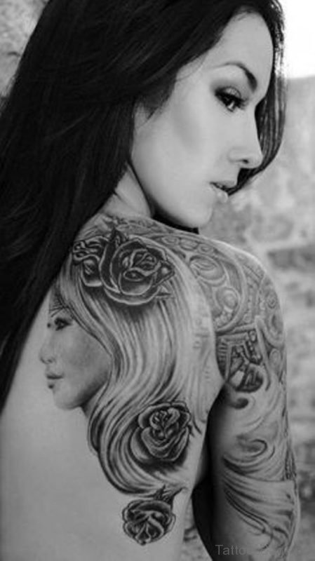 Girl Portrait Tattoo On Back 