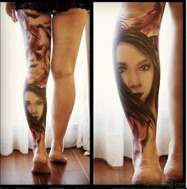 Girl Portrait Tattoo On Leg