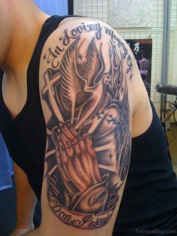 Graceful Praying Hands Tattoo On Shoulder