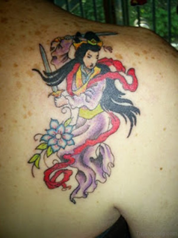 Great Geisha Tattoo On Upper Back