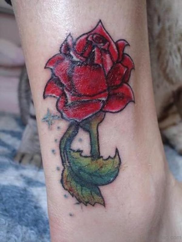 Great Red Rose Tattoo On Ankle