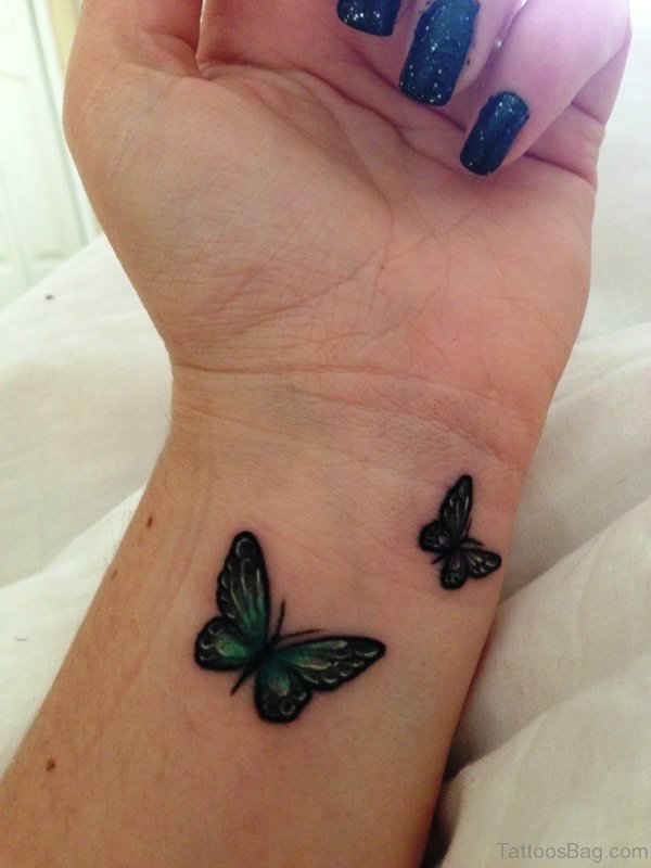 Green Butterflies Tattoo On Wrist