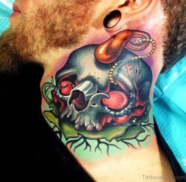 Green Skull Designer Tattoo On Neck