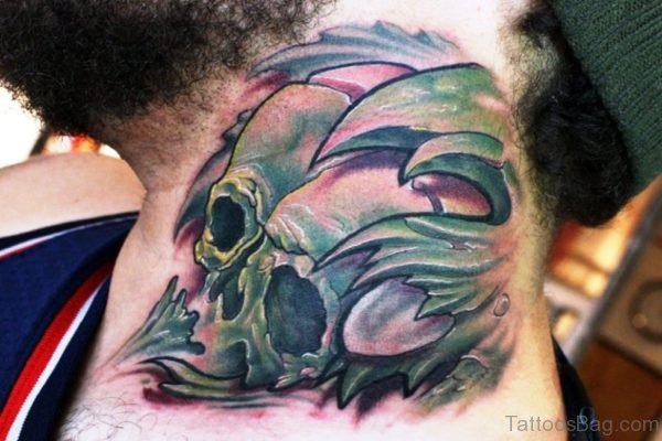 Green Skull Neck Tattoo
