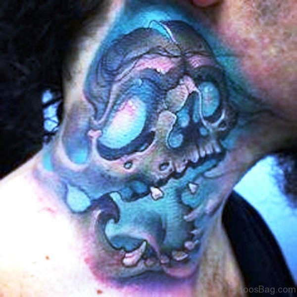 Green Skull Tattoo On Neck