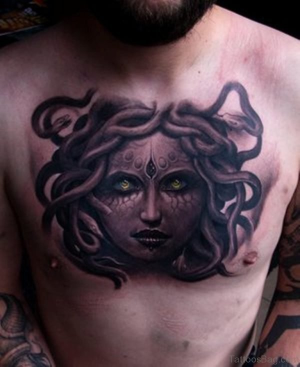 Grey 3D Medusa Tattoo On Chest