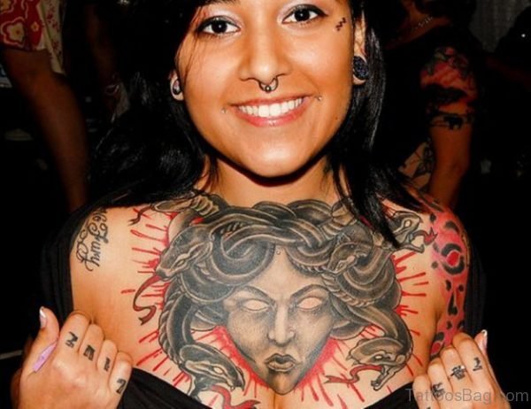 Grey 3D Medusa Tattoo On Chest Image