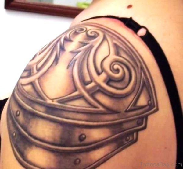 Grey Armour Tattoo On Shoulder