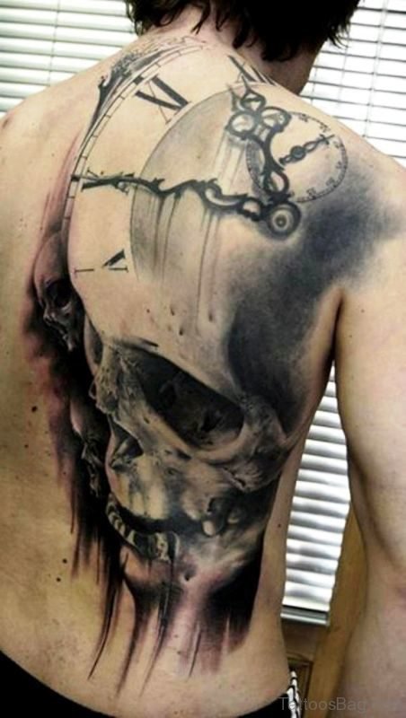Grey Color Skull And Clock Tattoo