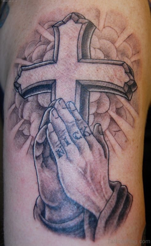 Grey Cross And Praying Hands Tattoo