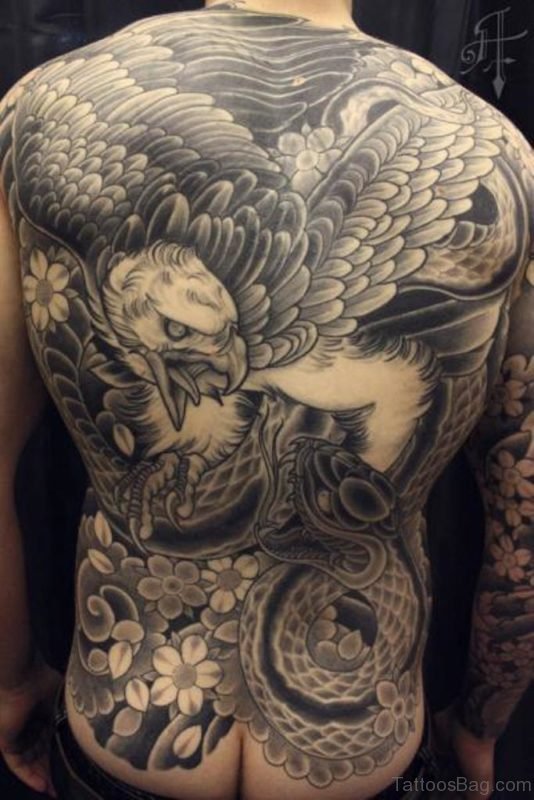 Grey Eagle Tattoo On Full Back