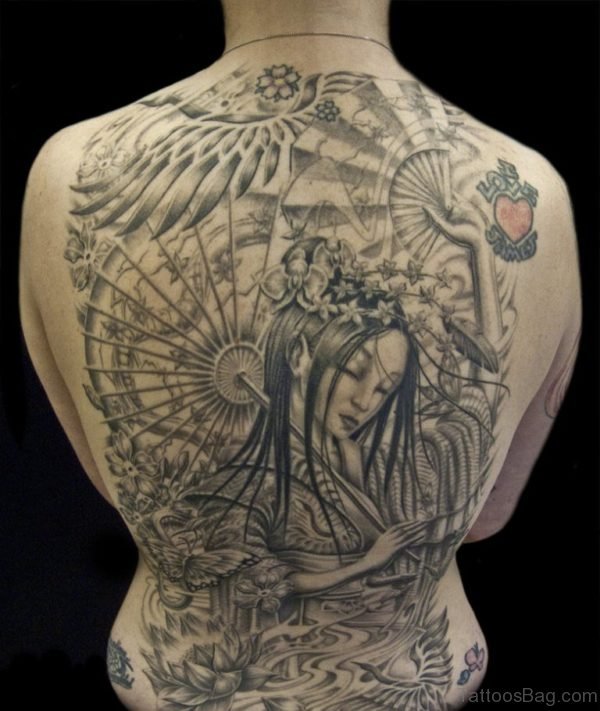 Grey Geisha Tattoo Design On Back