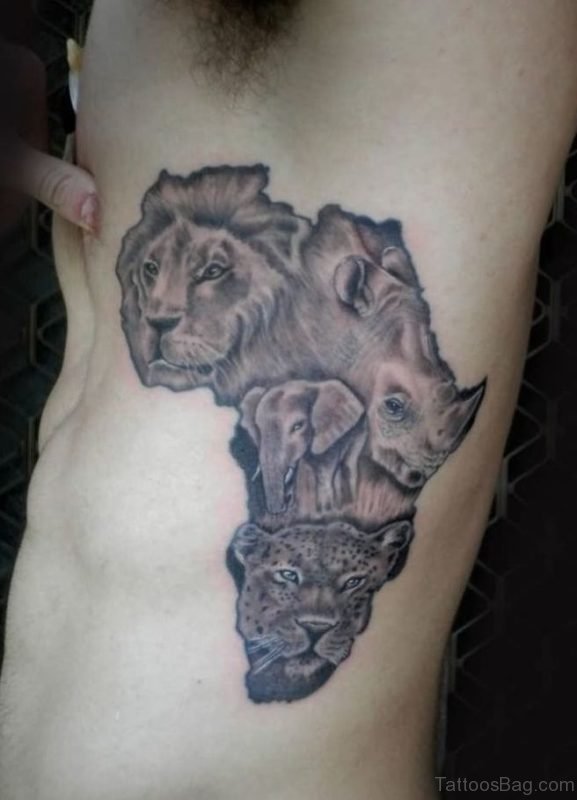 Grey Ink African Map Tattoo On Rib