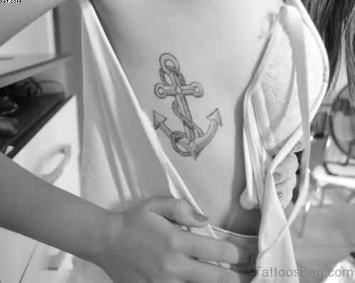Grey Ink Anchor Tattoo With Rope On Side