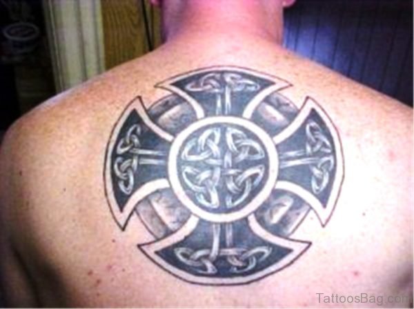 Grey Ink Celtic Tattoo Design On Back