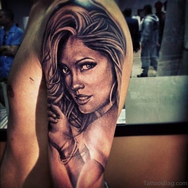 Grey Ink Female Portrait Tattoo On Sleeve ST1229