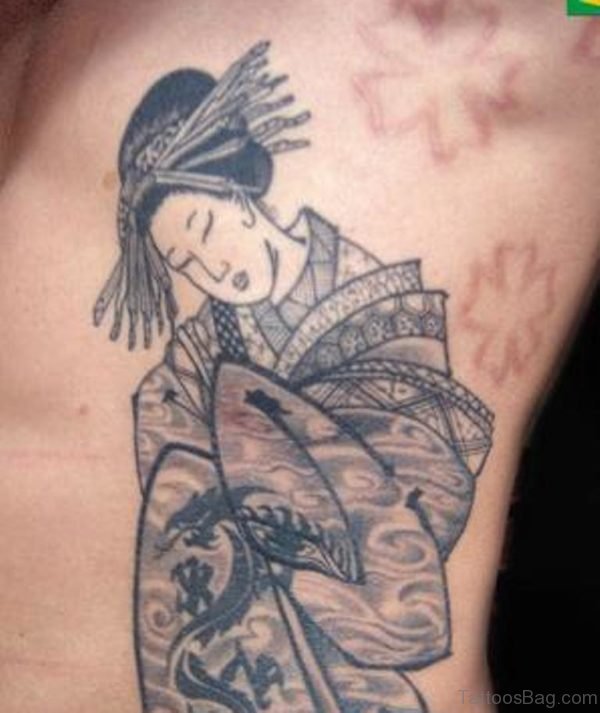 Grey Ink Geisha Tattoo On Rib