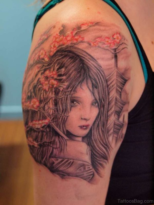 Grey Ink Geisha Tattoo On Right Shoulder