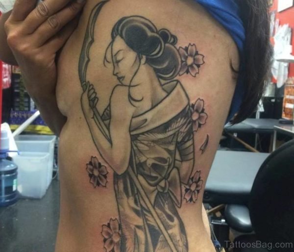 Grey Ink Graceful Geisha Tattoo On Back